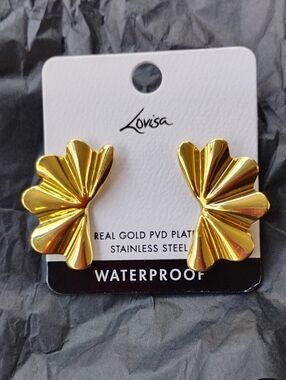 Gold Floral Fan Earrings - Shiny Gold Statement Studs